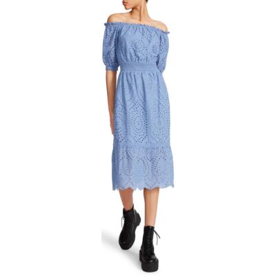 

Женское хлопковое дневное платье миди с открытыми плечами Betsey Johnson BHFO 1067, Indigo haze