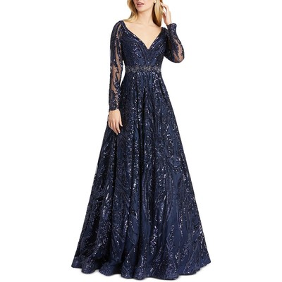 Женское вечернее платье Mac Duggal из темно-синей сетки с блестками, 4 BHFO 3892