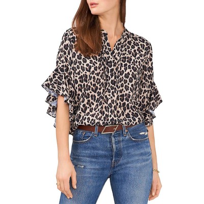 Женская коричневая блузка с животным принтом Vince Camuto Henley Top XS BHFO 6210