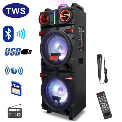 Large Bluetooth Speaker PA System Double 10'' Subwoofer Heavy Bass & Karaoke Mic