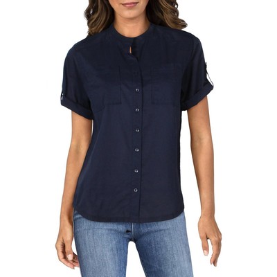 

Женская темно-синяя прозрачная блузка на пуговицах с короткими рукавами NYDJ  BHFO 6185, Oxford navy