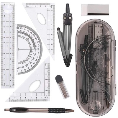 Math Geometry Kit Set 8 Pieces Student Supplies with Shatterproof Storage Box...