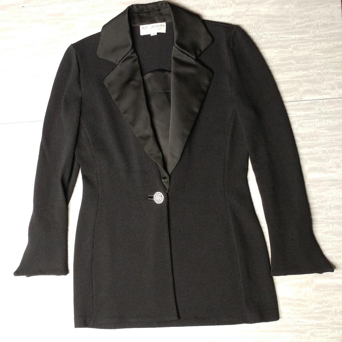 St. John Evening Wear Marie Gray black wool silk jacket blazer sz 8 rhinestones