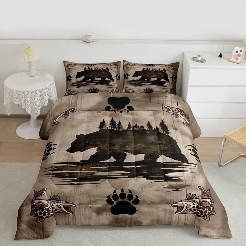 Bear Print Kids Comforter Set Queen Size Wildlife Hunting Bedding Set Pike Fish Duvet Quilt for Kids Boys Girls Bedroom Rustic Cabin Decor Microfiber Ultra Soft Breathable