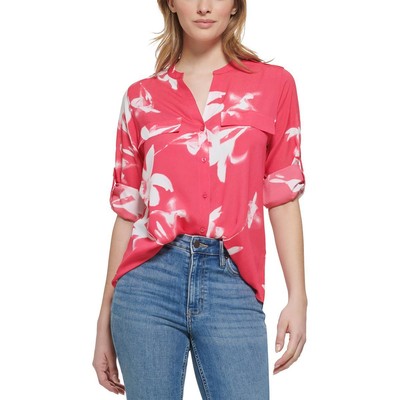 Женская розовая рубашка с цветочным принтом Calvin Klein на пуговицах без воротника L BHFO 6066