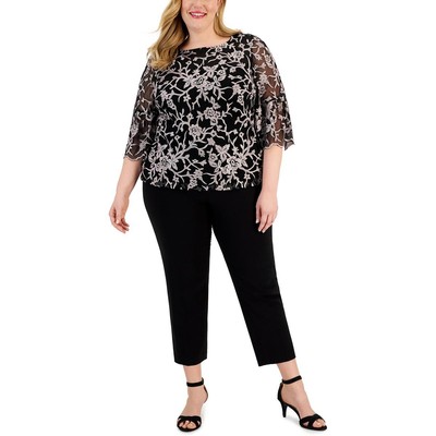 Alex Evenings Женская черная сетчатая блузка с вышивкой Top Plus 3X BHFO 8587
