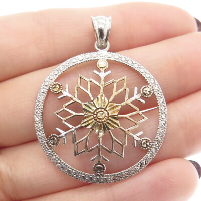 925 Sterling Silver 2-Tone Diamond-Illusion Snowflake Round Pendant