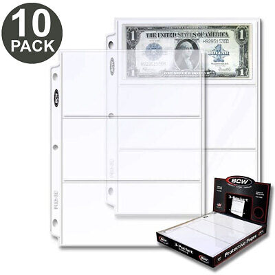 Lot of 10 Sheets 3 Pockets Currency Banknotes Album Pages Clear BCW Binders