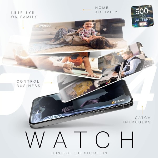 Smartphone with security camera app monitoring family and business.