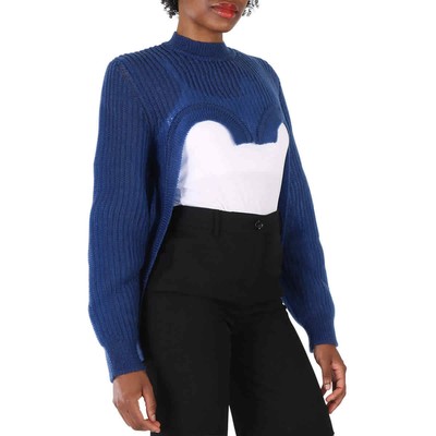 Pre-owned Burberry Ladies Warm Royal Blue Cut-out Knit Technical Reconstructed Sweater,