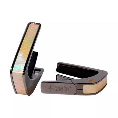 Thalia Premium Series Black Chrome Guitar Capo, Vintage Pearl Save the Bees