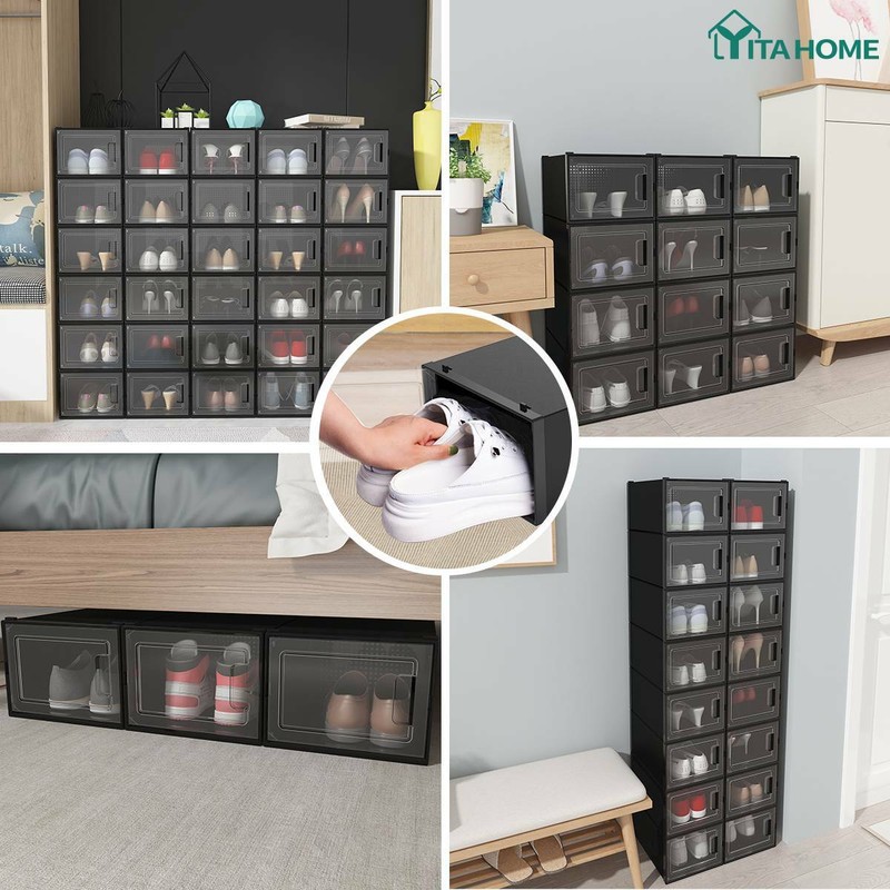 YITAHOME XL Shoe Box Storage Cases Sneaker Organizer Stackable 18PCS Black Clear