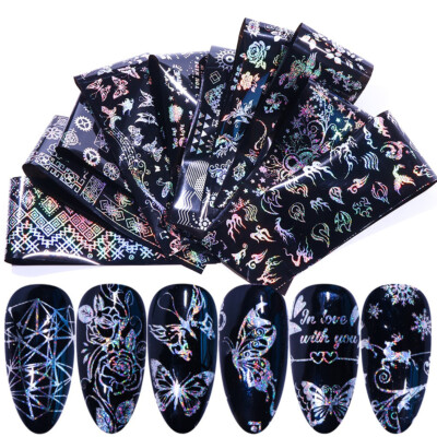 10 Holo Transferfolien Nailart Folie Schrift Flammen Blumen Nageldesign Nails
