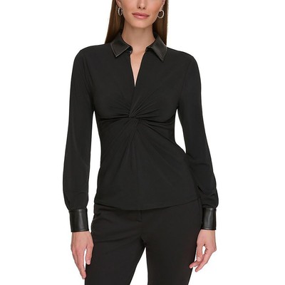 DKNY Женский черный топ с отделкой из искусственной кожи, блузка-рубашка Petites PM BHFO 7327
