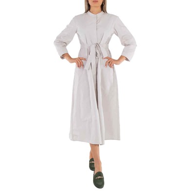 Pre-owned Max Mara Ice Cloe Belted Poplin Long-sleeve Midi Dress In White