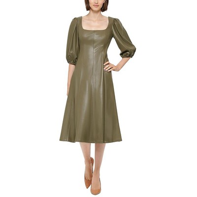 Calvin Klein Womens Faux Leather Square Neck Swing Midi Dress BHFO 5964