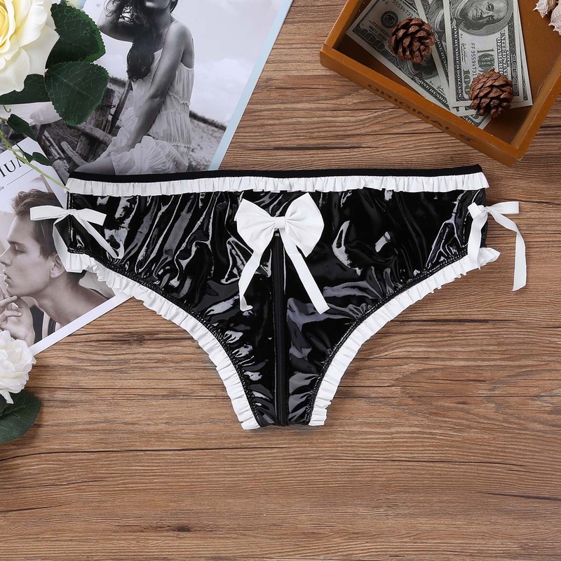 US Mens Maid Leather Panties Zipper Crotch Bowknot Sissy Bikini Briefs Underwear