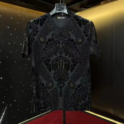 New Fashion Short Sleeve 3D Flowers Print Luxury Men Black T-Shirt High Quality