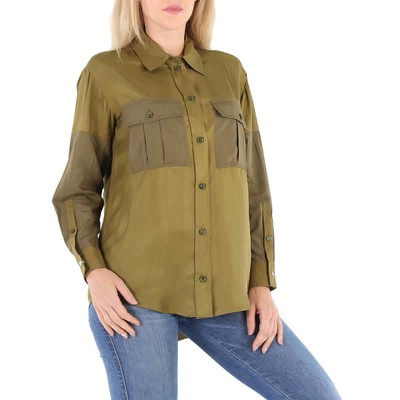 Pre-owned Burberry Ladies Dark Seaweed Green Ferne Panelled Oversized Shirt In Multicolor