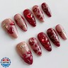 24Pcs Red French Tip Press on Nails Medium Almond Fake Nails Dark Red Heart with Rhinestones Glue on Nails Full Cover Reusable Gold Bow False Nails Stick on Nails Cute Designs for Women Acrylic Nails