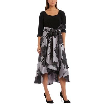 

Черное женское вечернее платье R-M Richards Hi-Low с цветочным принтом, облегающее и расклешенное,  BHFO 9587, Black/silver