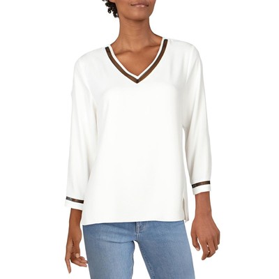 Calvin Klein Womens Ivory Mesh Inset V-Neck Pullover Top Blouse XS BHFO 0797