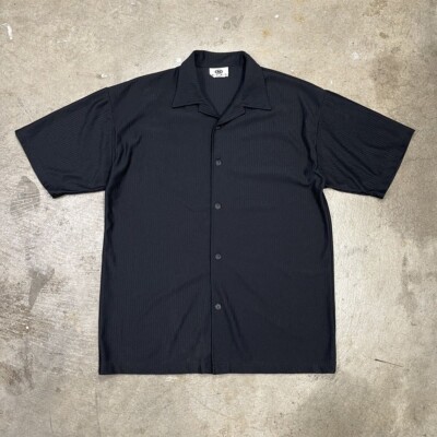 Vintage Camp Collar Shirt Ribbed Black Short Sleeve Button