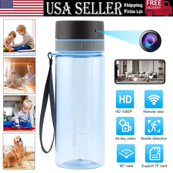 Water bottle with hidden HD camera, surveillance features included.