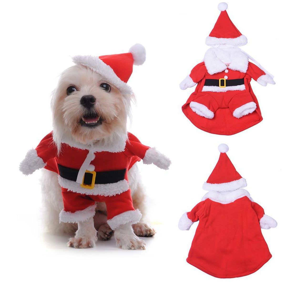 Christmas Santa Outfit Dog Cat Standing Suit Coat Costume With Hat Xmas Cosplay