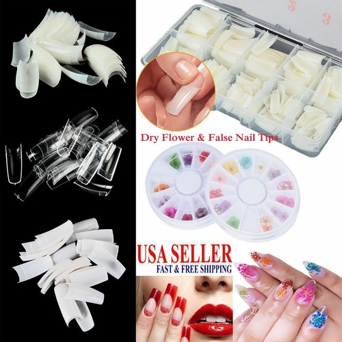 500pc False Nail Tips Full Cover 12 Colors Dried Flower UV Gel Nails Acrylic DIY