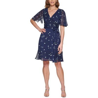 Женское темно-синее платье-клеш длиной до колена с цветочным принтом DKNY 14 BHFO 9182