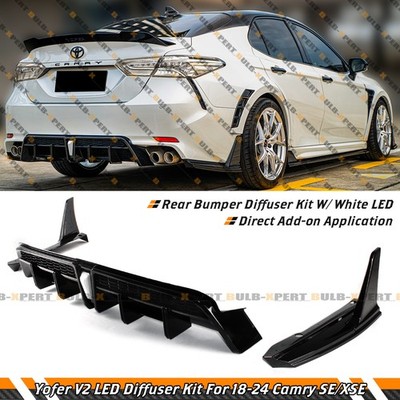 For 2018-2024 Camry Yofer V2 Gloss Black Rear Bumper Diffuser Kit W/ White LED