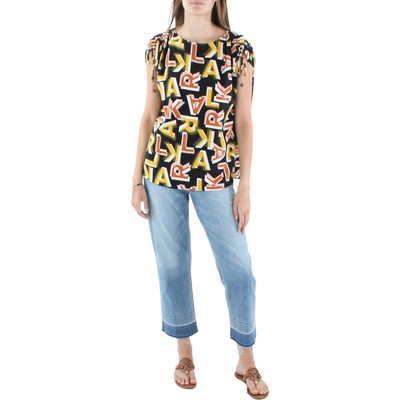 

Karl Lagerfeld Paris Женская черная блузка с вырезом «лодочка» и рюшами, рубашка  BHFO 3832, Black multi