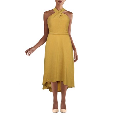 Женское желтое текстурированное миди-платье с искусственным запахом на бретелях Halston 12 BHFO 7059