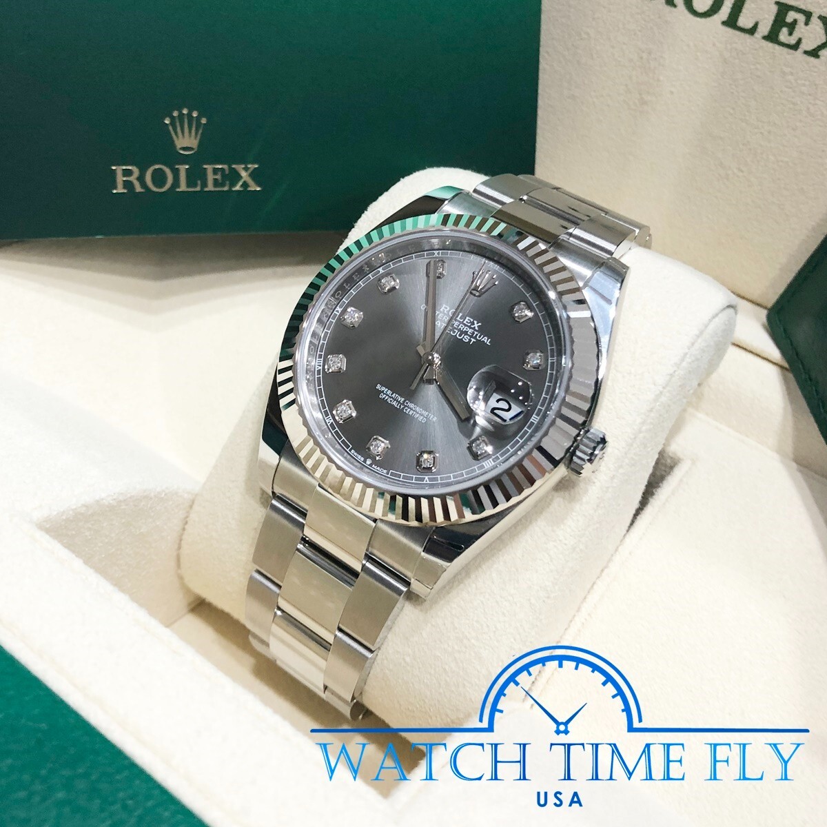 Pre-owned Rolex 126334 Datejust 41mm Fluted Bezel Rhodium Diamond Dial Oyster Bracelet