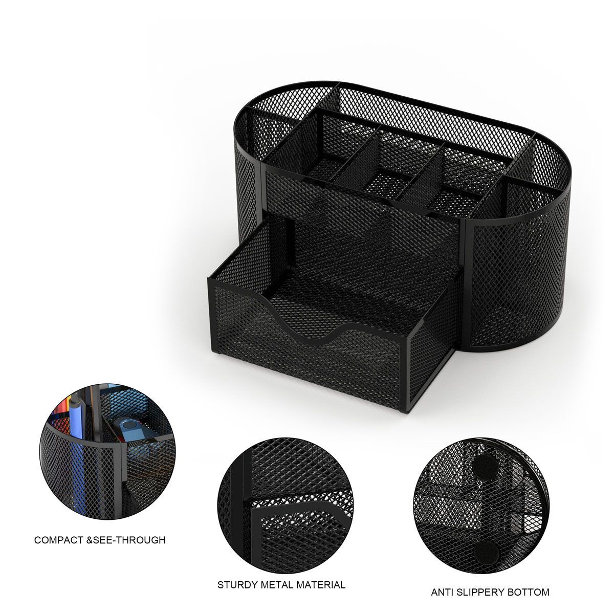 Black Desk Organizer Pen Pencil Holder Storage Tray Desktop Office Metal Mesh