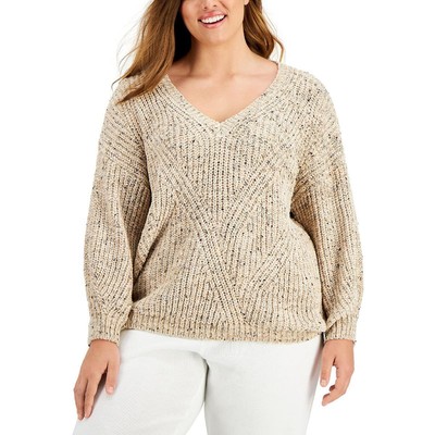 

Женский бежевый синельный пуловер с v-образным вырезом Calvin Klein Top Plus  BHFO 0957, Heather latte/black
