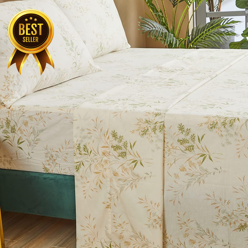 4-Piece King Botanical Floral 100% Cotton 600-TC Deep-Pocket Sheet Set