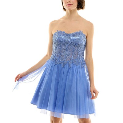 BCX Womens Blue Lace Mini Strapless Fit & Flare Dress Juniors 1 BHFO 8834