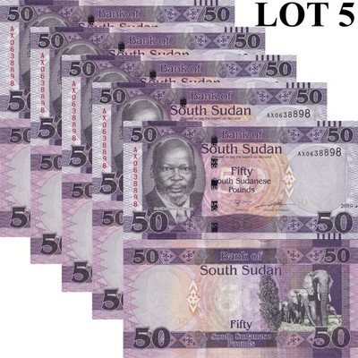 South Sudan 50 South Sudanese Pounds 2019 P 14 UNC 1/20 Bundle Lot 5 pcs