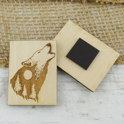 Howling Wolf with Moon Design Wood Refrigerator Magnet 2'' x 1.5'' Trees Wolves