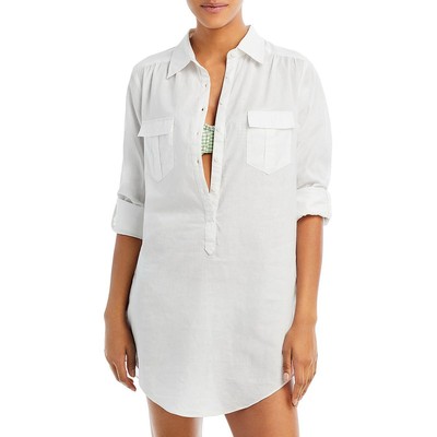 Aqua Swim Womens White Collared Long Linen Blend Cover-Up Shirt M BHFO 0729