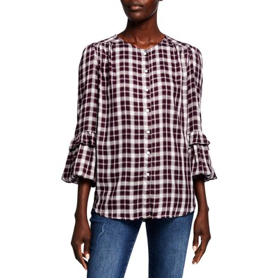 Max Studio Womens Purple Plaid Ruffled Button-Down Top Shirt XS BHFO 2800