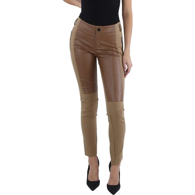 Gracia Womens Taupe Front Faux Leather Mixed Media Pockets Leggings M BHFO 7446