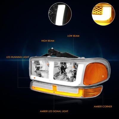 For 99-07 GMC Sierra 1500 2500HD 3500HD Classic LED DRL Headlights Chrome/Amber