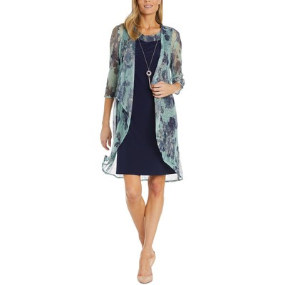 R&M Richards Женское темно-синее платье-двойка с цветочным принтом в стиле металлик Petites 14P BHFO 0121