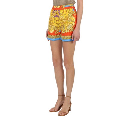 Pre-owned Versace Ladies Heritage Baroque Print Silk Shorts In Check Description
