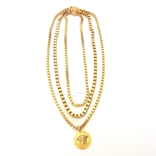 VERSACE Gold Plated Medusa Logo Rhinestone Chain Necklace