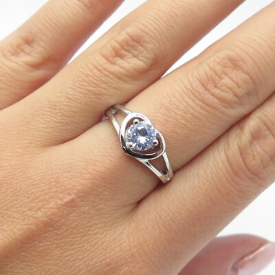 925 Sterling Silver Blue C Z Heart Ring Size 8 | eBay