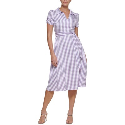 Женское повседневное миди-платье DKNY в фиолетовую клетку с поясом 4 BHFO 7270